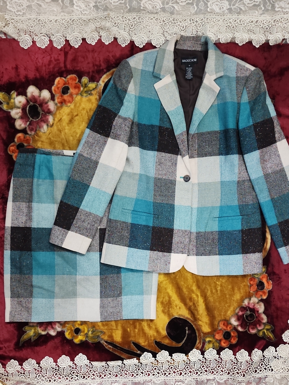 Magaschoni Teal, White & Black Plaid Women's Blazer and Skirt Set